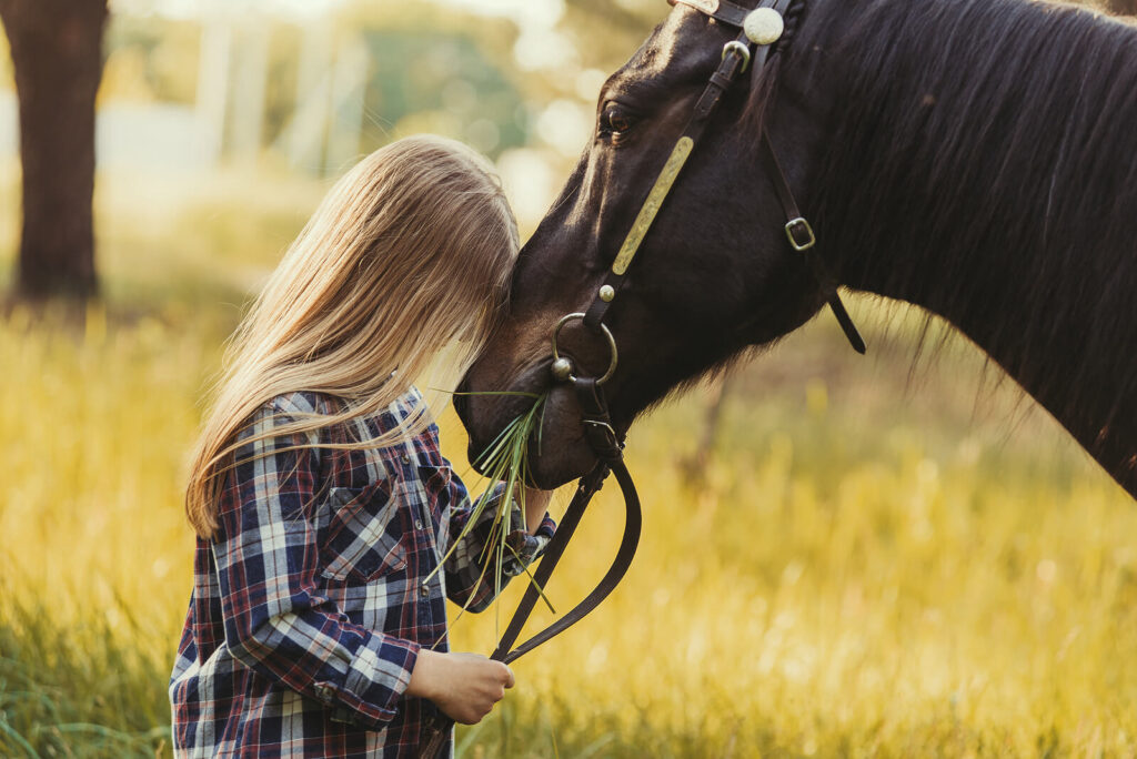 Young girl resting her head angaint the head of a horse, bonding together. Equine assisted therapy in Virginia can help you reconnect with your inner self to improve your human relationships.