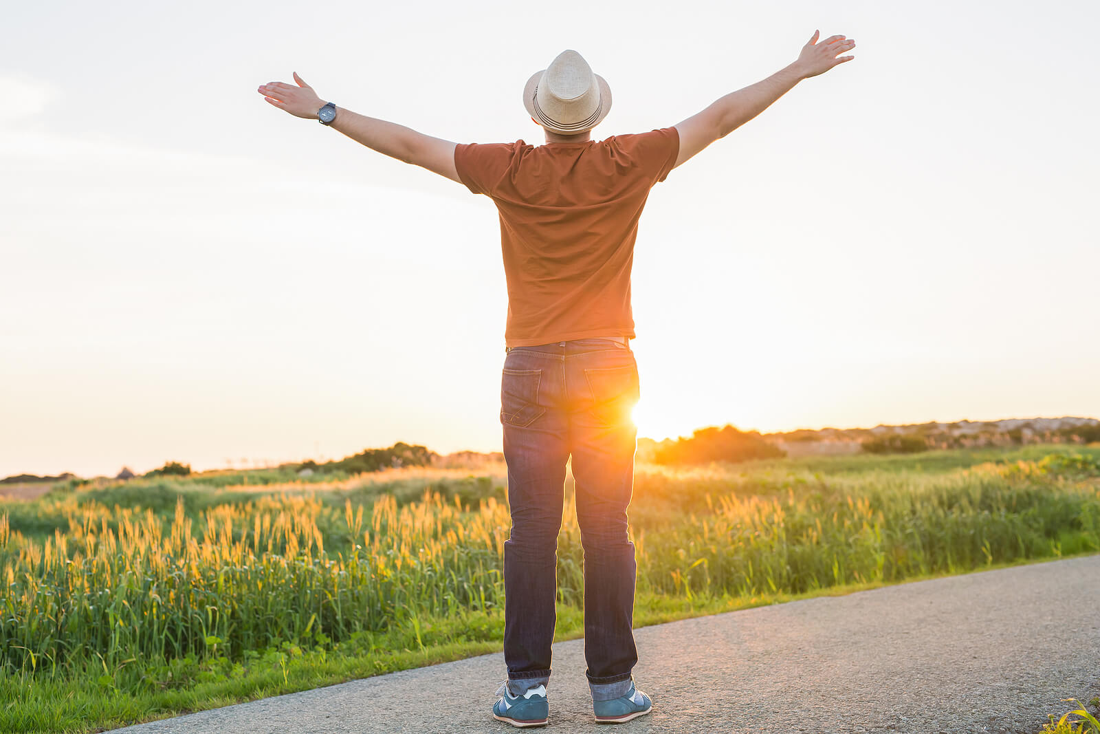 A man stands with his arms raised as he watches the sunset. Learn how therapy for self esteem in Virginia can offer support by contacting an equine therapist in Powhatan, VA for therapy for anxiety and other services.