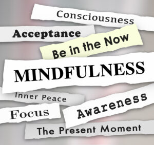 A close up of mindfulness related words including acceptance, awareness, the present moment, and inner peace. Learn how an equine sports therapist in Richmond, VA can offer support with practicing mindfulness techniques. Search for equine assisted therapy in Richmond, VA to learn more about equine therapy in Virginia. 