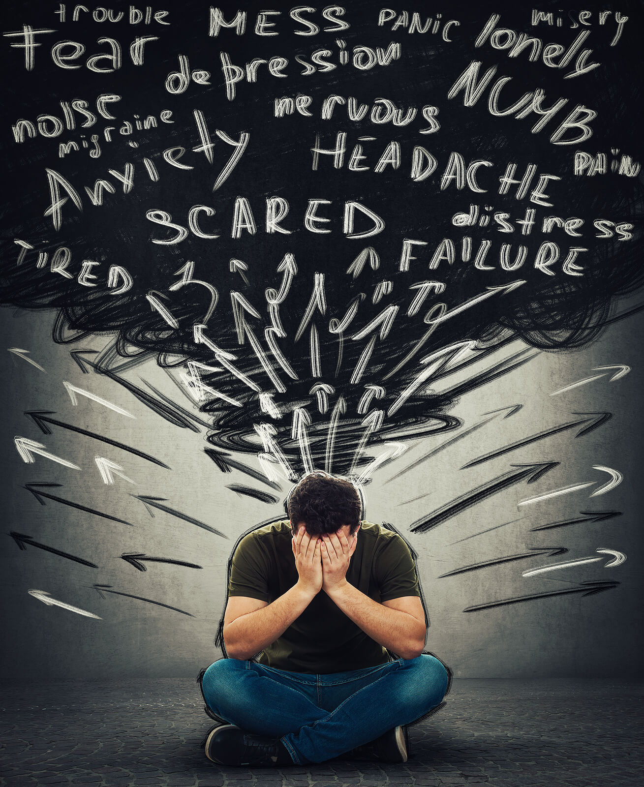 A man covers his face while sitting surrounded by anxiety and depression symptoms including panic, mess, fear, trouble, tired, headache, nervous. Learn how an anxiety therapist in Richmond, VA can offer support with overcoming the effects on work and sports. Search for an online anxiety therapyst to learn omre about anxiety therapy in Powhatan, VA today.