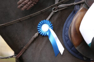 A close-up of a dark-colored horse's tack with a blue and white competition ribbon attached to the bridle with the rider mounted on the saddle. Search for an equestrian therapist New Kent VA for more support with show season this year. Learn more about equine therapy in Virginia and other services for further support! 