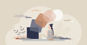 Abstract illustration of a woman looking up at floating translucent blocks, representing self-reflection and transformation. Learn more about how EMDR intensives in Richmond, VA can offer support with overcoming trauma and more. Search for EMDR in Richmond, VA and how EMDR therapist in Powhatan, VA can help. 