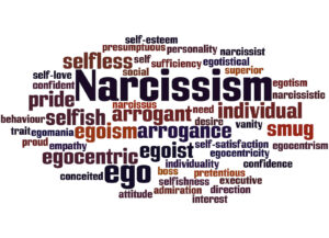 Colorful word cloud centered on “Narcissism” surrounded by terms like “ego,” “arrogant,” and “selfish,” representing key concepts explored in narcissism therapy in Richmond, VA. This visual can help individuals seeking therapy for children of narcissistic parents better understand narcissistic traits and the value of working with a trauma therapist in Richmond, VA. 