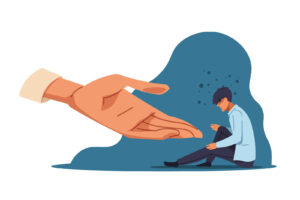 A vector illustration of a large hand reaching out to support a person sitting alone. This could symbolize support from a trauma therapist in Richmond, VA, offering trauma therapy in Powhatan, VA and surrounding areas. 